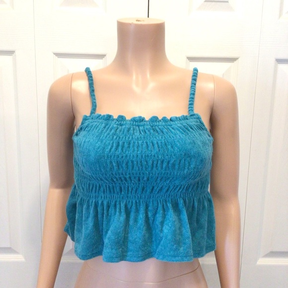 SO Juniors Aqua Blue Terry Cloth Smocked Peplum Tank Top Size Small - Picture 1 of 7